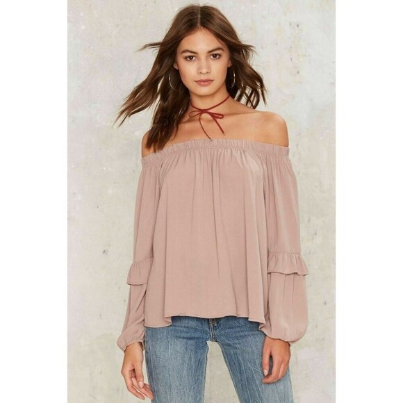 TCEC Womens Mauve Chiffon Lyric Bishop Sleeve Off-the-Shoulder Blouse Top Size M - Picture 5 of 12